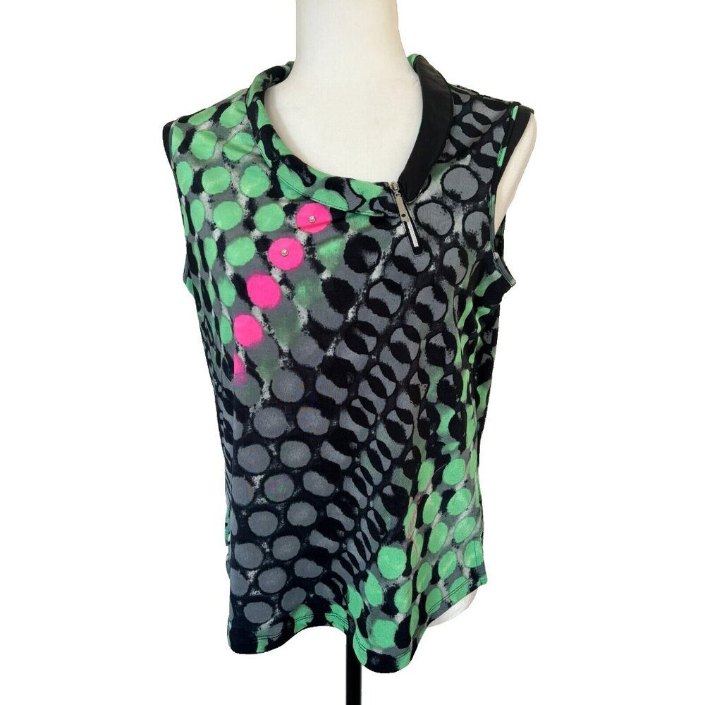 JAMIE SADOCK Sleeveless Golf Top Green Black Geometric Faux Leather Trim Size L?